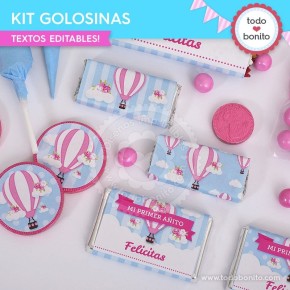 Globos aerostáticos rosa: kit etiquetas de golosinas