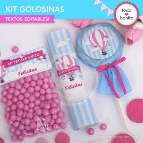 Globos aerostáticos rosa: kit etiquetas de golosinas