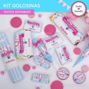 Globos aerostáticos rosa: kit etiquetas de golosinas