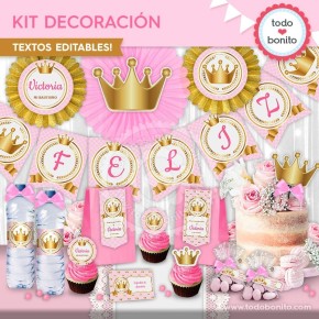 Coronita rosa: kit imprimible decoración de fiesta