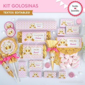 Coronita rosa: kit etiquetas de golosinas