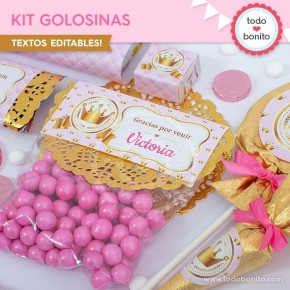 Coronita rosa: kit etiquetas de golosinas