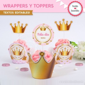 Coronita rosa: wrappers y toppers para cupcakes