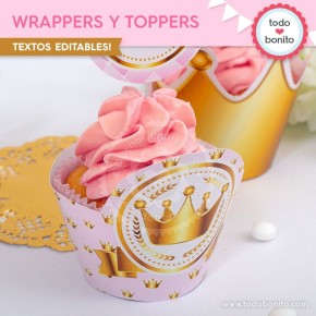 Coronita rosa: wrappers y toppers para cupcakes