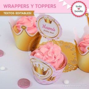 Coronita rosa: wrappers y toppers para cupcakes