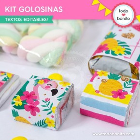 Flamencos y ananá: kit etiquetas de golosinas