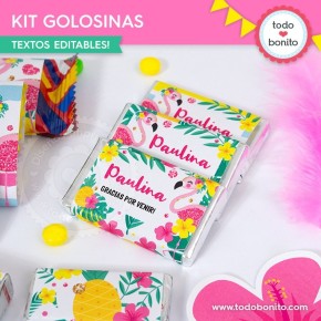 Flamencos y ananá: kit etiquetas de golosinas