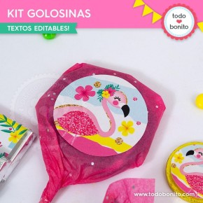 Flamencos y ananá: kit etiquetas de golosinas