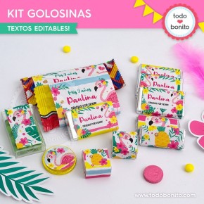 Flamencos y ananá: kit etiquetas de golosinas