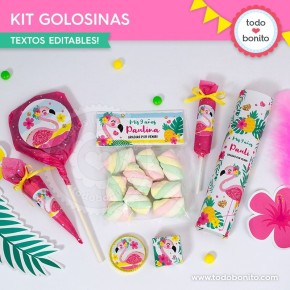 Flamencos y ananá: kit etiquetas de golosinas