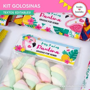 Flamencos y ananá: kit etiquetas de golosinas