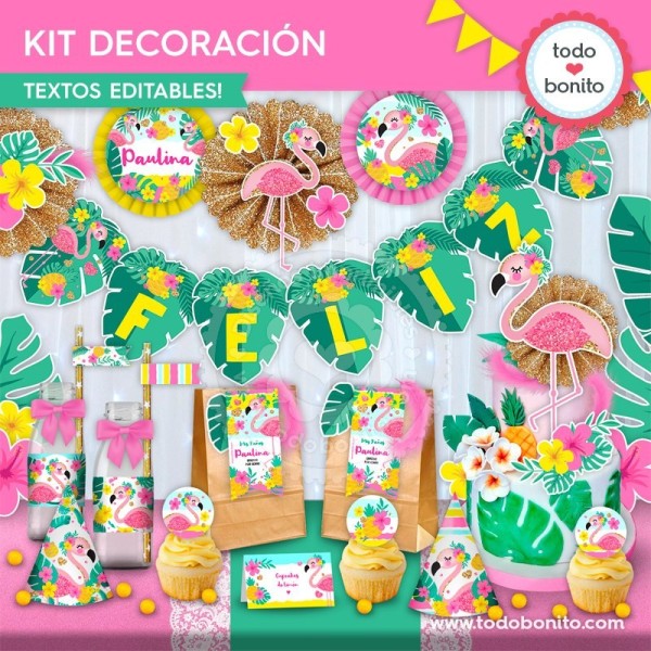 Flamencos y ananá: kit imprimible decoración de fiesta