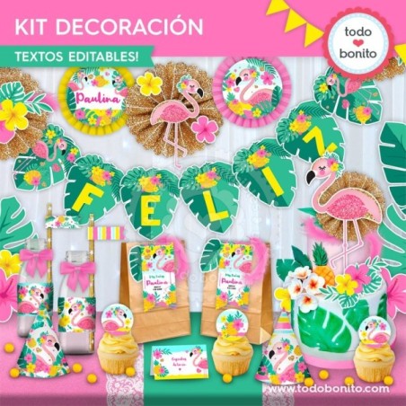 Flamencos y ananá: kit imprimible decoración de fiesta