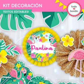 Flamencos y ananá: kit imprimible decoración de fiesta