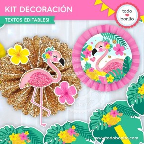 Flamencos y ananá: kit imprimible decoración de fiesta