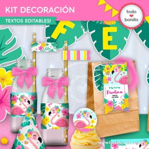 Flamencos y ananá: kit imprimible decoración de fiesta