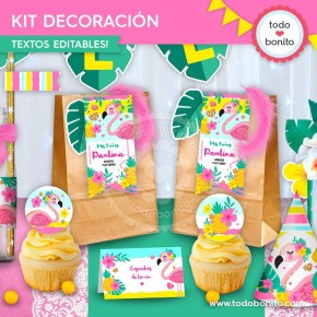 Flamencos y ananá: kit imprimible decoración de fiesta