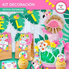 Flamencos y ananá: kit imprimible decoración de fiesta