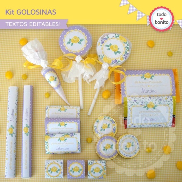 Shabby Chic violeta y amarillo: kit etiquetas de golosinas