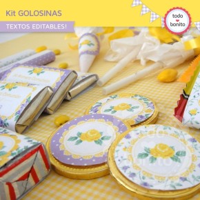 Shabby Chic violeta y amarillo: kit etiquetas de golosinas