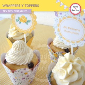 Shabby Chic violeta y amarillo: wrappers y toppers