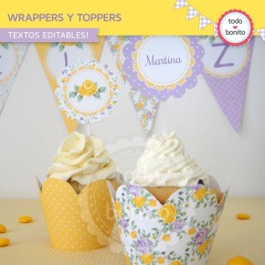 Shabby Chic violeta y amarillo: wrappers y toppers