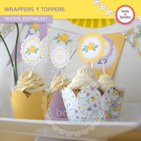 Shabby Chic violeta y amarillo: wrappers y toppers