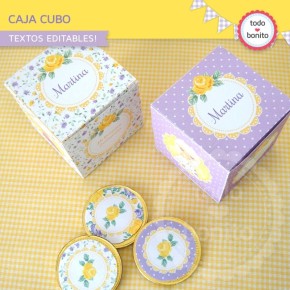 Shabby Chic violeta y amarillo: cajita cubo