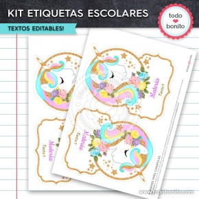 Unicornio: Kit imprimible etiquetas escolares