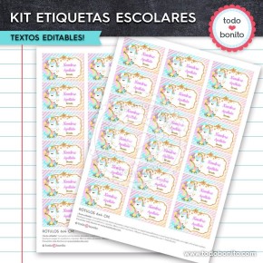 Unicornio: Kit imprimible etiquetas escolares