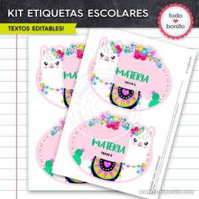 Llamitas: Kit imprimible etiquetas escolares