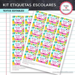 Flamencos: Kit imprimible etiquetas escolares