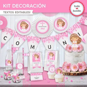 Comunión margaritas rosa: kit imprimible decoración de fiesta