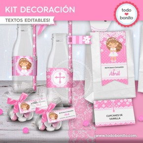 Comunión margaritas rosa: kit imprimible decoración de fiesta