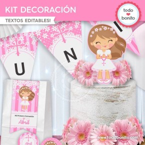 Comunión margaritas rosa: kit imprimible decoración de fiesta