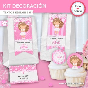 Comunión margaritas rosa: kit imprimible decoración de fiesta