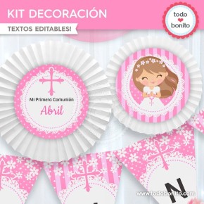 Comunión margaritas rosa: kit imprimible decoración de fiesta