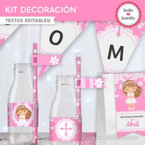 Comunión margaritas rosa: kit imprimible decoración de fiesta