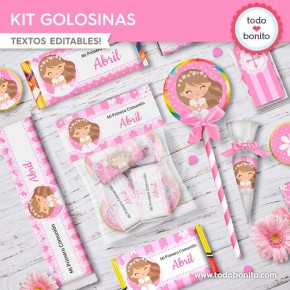 Comunión margaritas rosa: kit etiquetas de golosinas