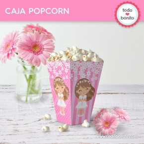 Comunión margaritas rosa: cajita popcorn