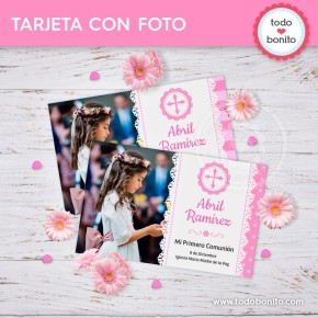 Comunión margaritas rosa: tarjeta con foto