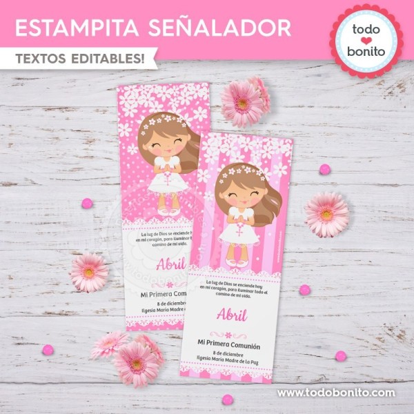 Comunión margaritas rosa: Estampita señalador