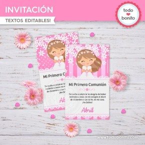 Comunión margaritas rosa: invitación imprimible y digital