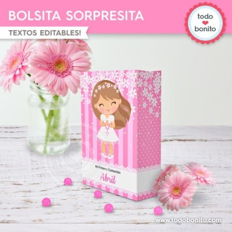 Comunión margaritas rosa: bolsa sorpresita para imprimir