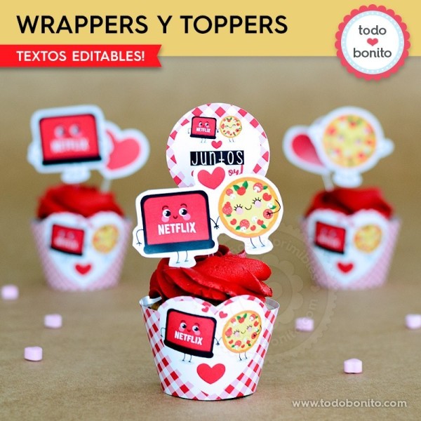 Netflix y Pizza:  wrappers y toppers cupcakes