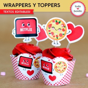 Netflix y Pizza:  wrappers y toppers cupcakes