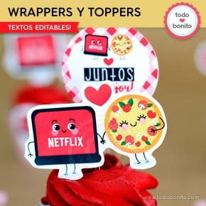 Netflix y Pizza:  wrappers y toppers cupcakes