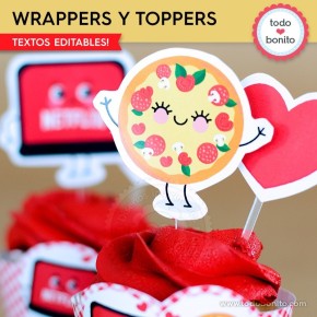 Netflix y Pizza:  wrappers y toppers cupcakes