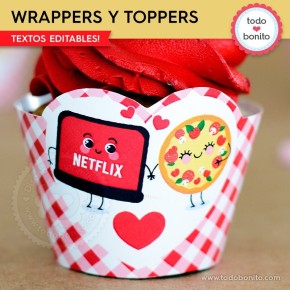 Netflix y Pizza:  wrappers y toppers cupcakes