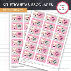 Gatita: Kit imprimible etiquetas escolares